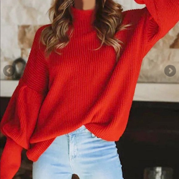 Red Rib Bell Long Sleeve Sweater TurtleNeck size S size L New - Picture 2 of 14
